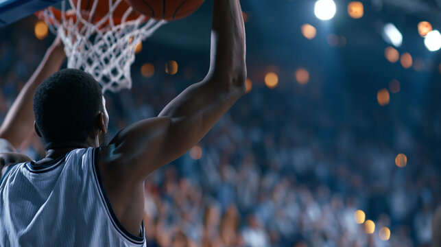 Faceless African American basketball superstar scoring a powerful two-handed slam dunk goal, back view cinematic shot with cheering audience visible below, defocused packed arena