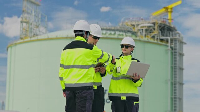 Group of engineers collaborating on industrial project with laptops and safety gear at construction site