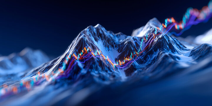 Financial market data visualizing growth over mountain landscape