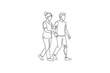 Obraz premium Continuous one line drawing of a physical therapist assisting a man with a prosthetic leg.
