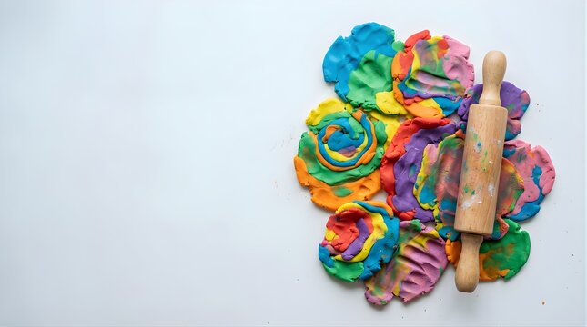 Colorful modeling clay dough with wooden rolling pin on white background