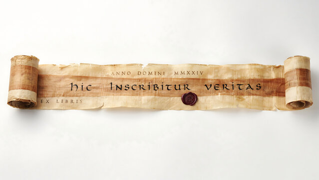 Ancient parchment scroll with latin text and red wax seal parchment manuscript