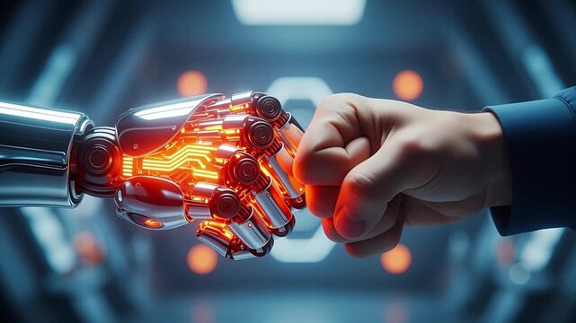 A robotic hand and a human hand performing a fist bump in a futuristic setting.