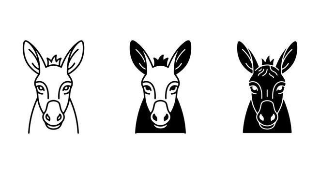 Donkey Head Icons, Simple Animal Graphics, Farm Mammal Vector Art, Black and White Equine Illustrations