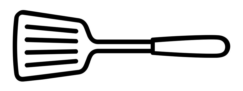 BBQ spatula minimalist line vector icon, clean grilling utensil illustration for picnic dining, burger flipping, outdoor kitchen menus, cookout branding, stickers and labels graphics