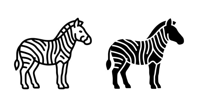 Two Zebra Icons, Black and White Line Art Vector Illustrations for Wildlife and Safari Themes