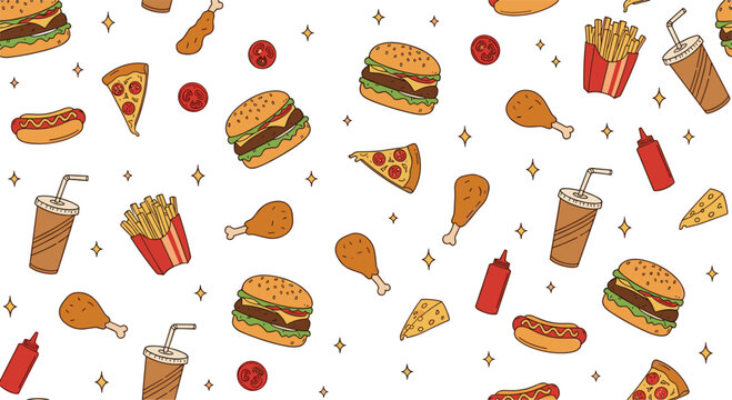 Fast food seamless pattern vector background with cartoon burgers pizza french fries and soda