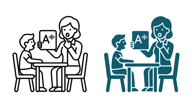 Speech Therapy Session: An educator guides a young student through a speech therapy exercise, using flashcards to aid pronunciation and learning, illustrating the journey of communication development.