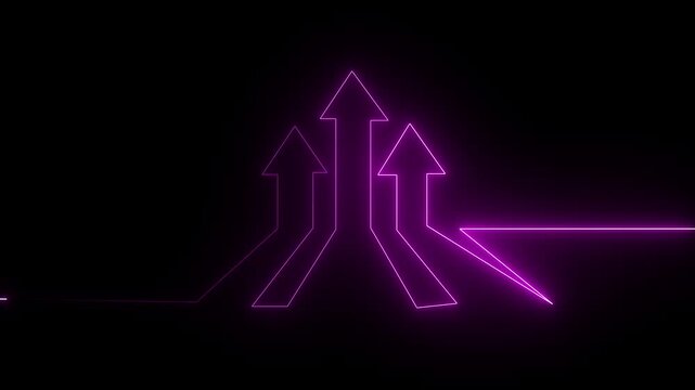 Abstract pink color neon glowing line arrow icon animation. Neon blue icon and up arrow icon isolated on grid background. 4k animation motion video.