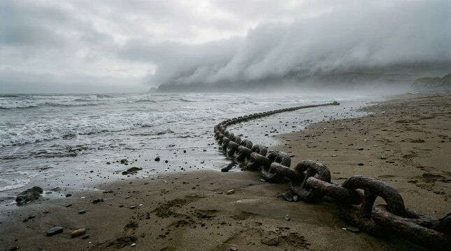 Large rusted iron anchor chain lying on a misty beach by the sea