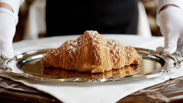 Gloved hands presenting a freshly baked, glazed croissant on a silver platter for breakfast at a fine dining restaurant