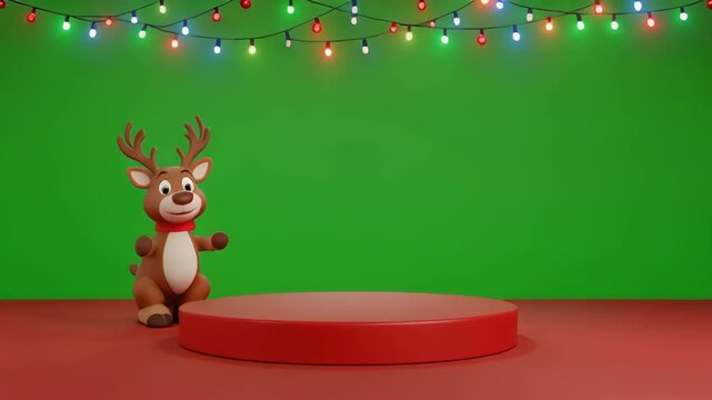 Animated reindeer dancing on red platform with festive lights in studio setting