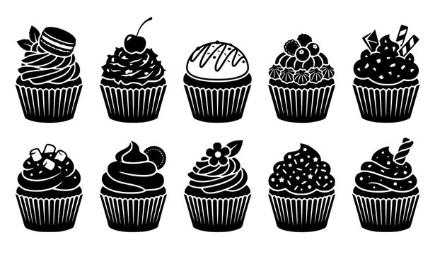 Delicious Cupcake Silhouette Collection with Cream Frosting Cherries Berries and Sweet Dessert Designs