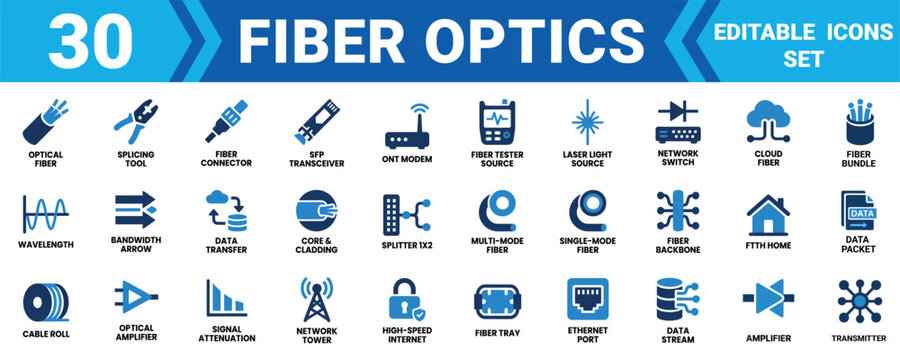 Set of 30 fiber optics technology icons for internet network cable communication and data transmission Minimal solid icon set bundle collection. Editable Vector Illustration Mega pack