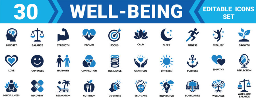 Set of 30 well being and healthy lifestyle icons for personal growth mental health and daily balance Minimal solid icon set bundle collection. Editable Vector Illustration Mega pack