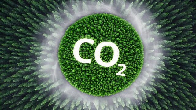 Conceptual illustration of CO2 carbon dioxide symbol inside a lush green forest circle.