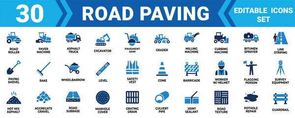 Set of 30 road paving and construction equipment icons featuring asphalt machines and safety gear Minimal solid icon set bundle collection. Editable Vector Illustration Mega pack © Sumon Sorkar