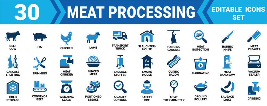 Set of 30 meat processing icons showing livestock butchery equipment and food production industry tools Minimal solid icon set bundle collection. Editable Vector Illustration Mega pack