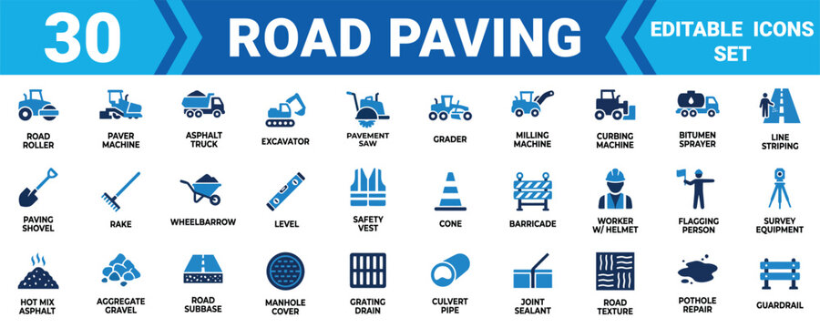 Set of 30 road paving and construction equipment icons featuring asphalt machines and safety gear Minimal solid icon set bundle collection. Editable Vector Illustration Mega pack