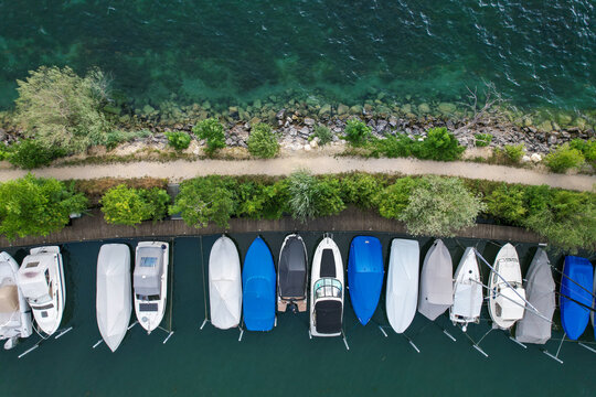 Aerial view of boats docked at a pier in Morigen, Canton of Bern, Switzerland.