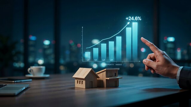 Person pointing at rising real estate market growth graph with wooden house