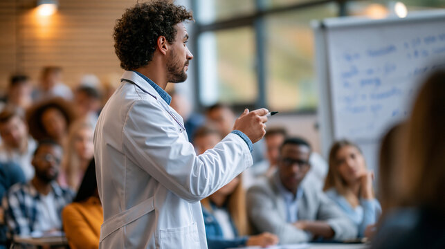 Faceless lecturer in a white coat presenting handwritten notes on a whiteboard to seated students in a bright wood paneled classroom soft daylight medical education lecture