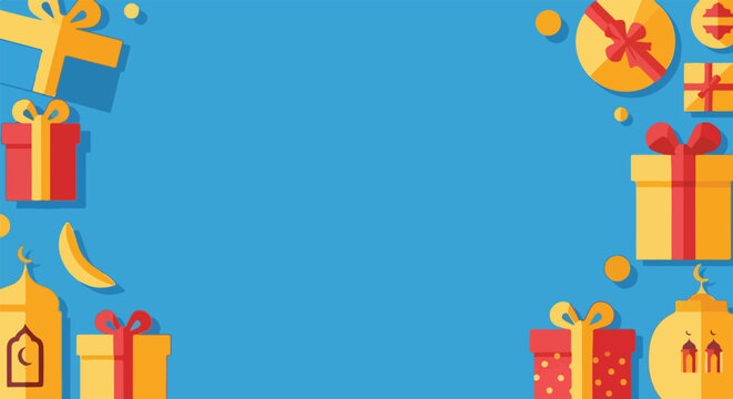 A vibrant blue background bordered by colorful gift boxes, crescent moons, and mosque motifs, perfect for holiday greetings and celebrations.