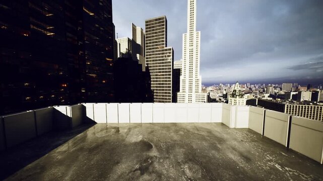 Bare rooftop pad near Dallas skyline, gravel surface and safety parapet suggest construction staging and inspection scene with distant glass towers as backdrop