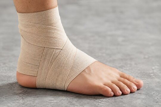 A foot wrapped in an elastic compression bandage to support a sprained ankle