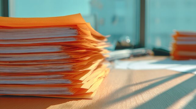 Stacked orange folders filled with papers on a wooden desk bathed in light