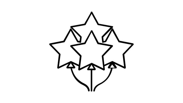 Bold star balloon cluster vector illustration in crisp black line art, featuring layered five point shapes and short ties for party decor, signage, festive clipart, invitations and celebration design