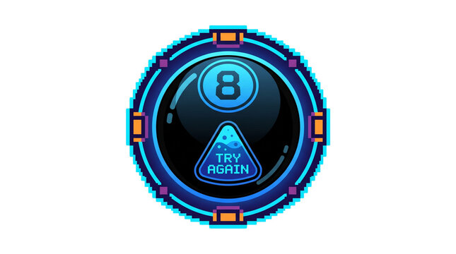 Neon pixel art magic eight ball showing try again isolated on transparent background png