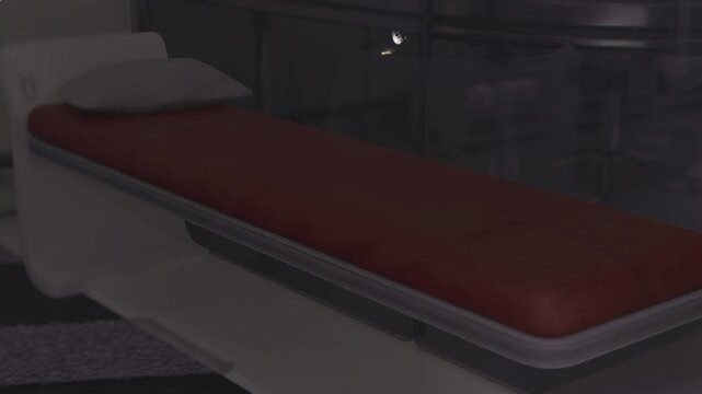Empty emergency stretcher in ambulance bay, red vinyl mattress secured by rails, dim overhead lighting casts deep shadows, blurred medical equipment