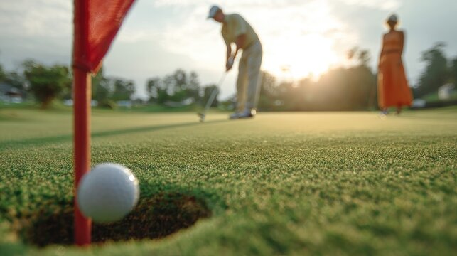 Close-up of a golf ball near a hole on a green, with players in background