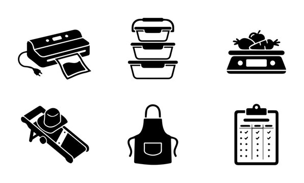 Kitchen Icons: Food Storage, Vacuum Sealer, Scale, Mandoline, Apron, Checklist Vector Set