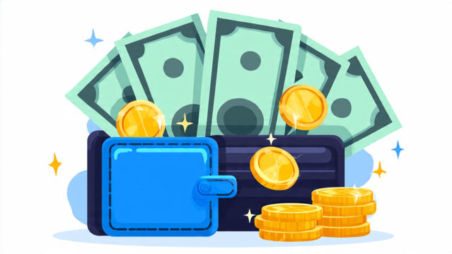 Blue wallet with cash and gold coins symbolizing money savings and financial success