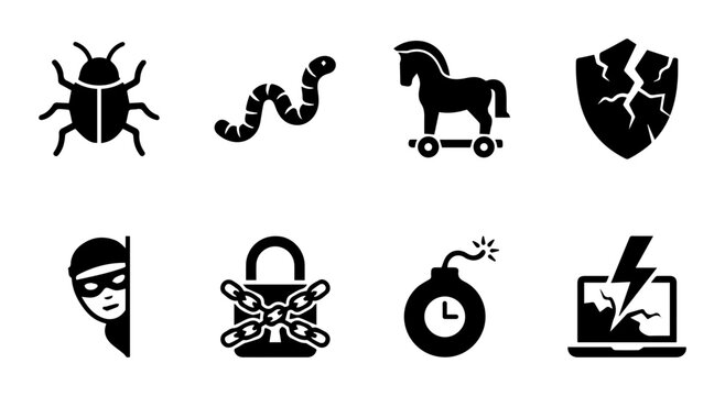 Cybersecurity Icons: Virus, Worm, Trojan Horse, Breach, Hacker, Locked, Bomb, Laptop Damage