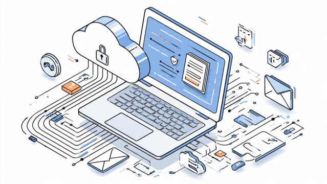Digital cloud storage concept with laptop and data icons in blue and white colors for cloud computing and data security