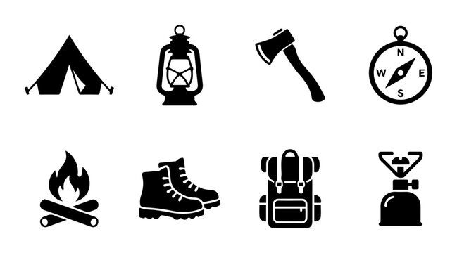Camping Icons Set: Tent, Lantern, Axe, Compass, Fire, Boots, Backpack, Stove