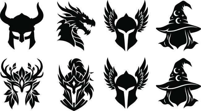 Fantasy Helmet and Mythical Character Silhouette Collection with Warrior Dragon and Wizard Icons
