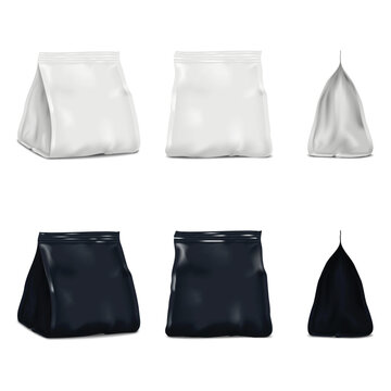 Blank side gusseted bag. Half turned, front, side view. White, black. Realistic vector mockup set. Flexible plastic, foil or paper opaque pouch. Mock-up. Retail food package. Template for design