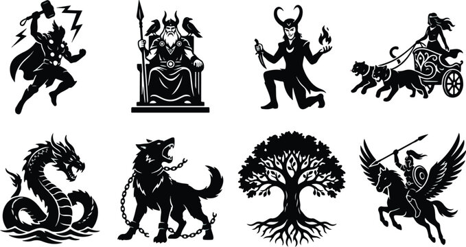 Norse Mythology Silhouette Icon Vector Set Featuring Gods Creatures and Symbolic Elements of Viking Legends