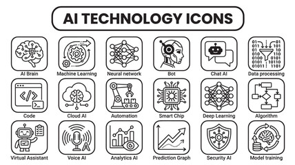 Obraz premium AI technology outline vector icon set featuring machine learning automation chatbot analytics symbols for digital interface design