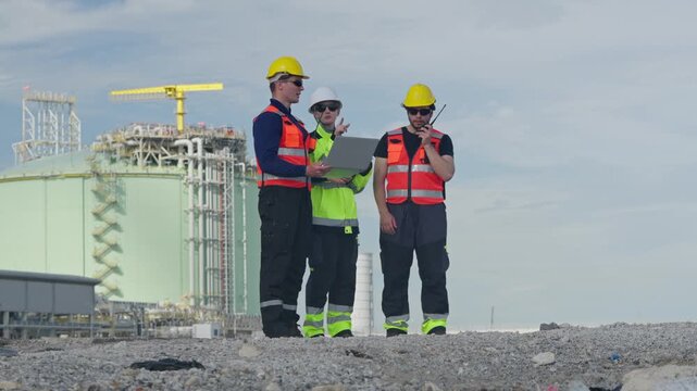 Team of construction professionals working together on a project site wearing safety gear and utilizing essential tools in an industrial setting
