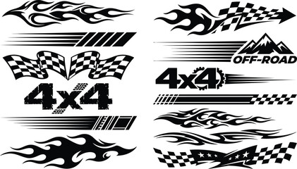 Set of offroad vehicle decals, racing stripes, flames, checkered flags and 4x4 typography © Rahima