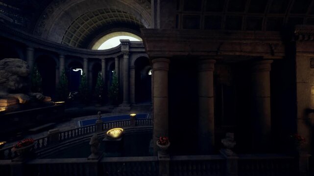 Spacious ceremonial plaza under grand dome with concentric stair rings around reflecting basin, guardian lion statues on plinths, solemn atmosphere suited