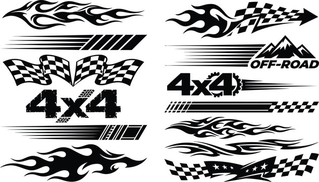 Set of offroad vehicle decals, racing stripes, flames, checkered flags and 4x4 typography