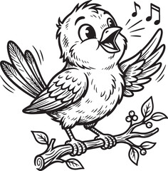 Fototapeta premium Little songbird singing on a berry branch with musical notes