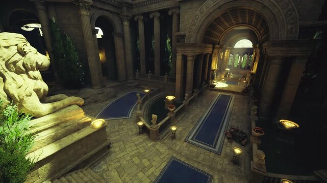 gilded corridor leading toward inner sanctum and statues, blue runners framing ceremonial path, polished marble floors reflecting warm lamps and ornate reliefs,
