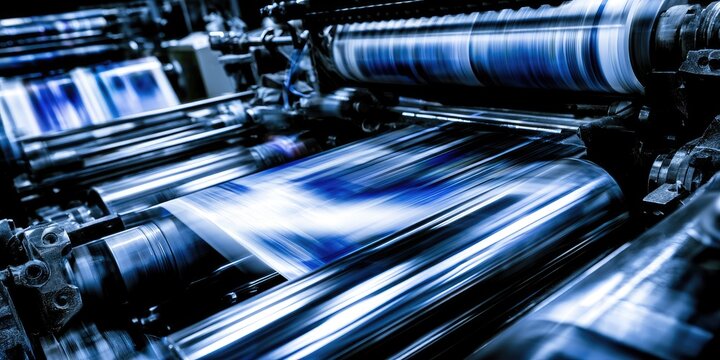 Motion blur captures the dynamic action of a large printing press in operation